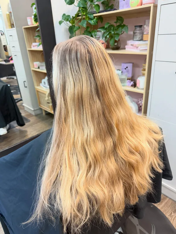 Before: long hair with brassy, uneven golden blonde ends